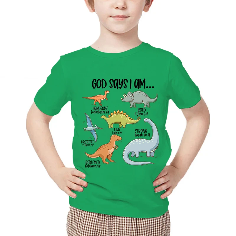 God Says I Am Strong Print T-shirt Kids Cartoon Dinosaur TShirts Summer Short Sleeve Top Animal Streetwear Boy Girl Fashion Tees