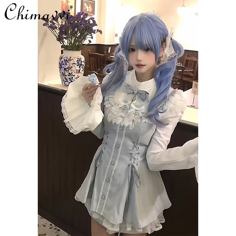 

Japanese Fashion Cute Bow Lace Long Sleeve Dress Top + Shorts Set Autumn New Gothic Style Subculture Girl Women Two-Piece Set