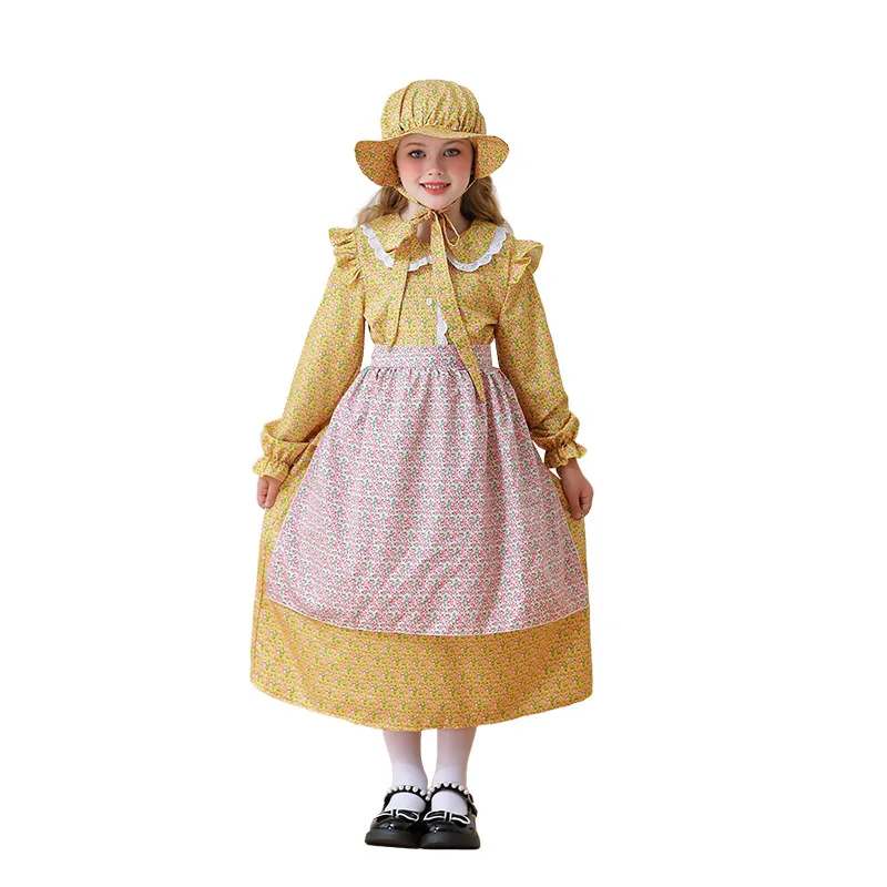 

Girl Yellow Floral Print Pastoral Style Dress Halloween Cosplay Olonial Dress Party Stage Performance Maid Dress