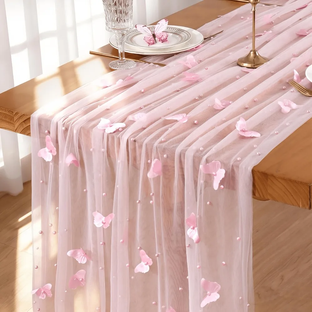 75*300cm Tulle Table Runner Semi-Transparent Vintage Lace Table Runner Elegant Romantic Butterfly Table Runner