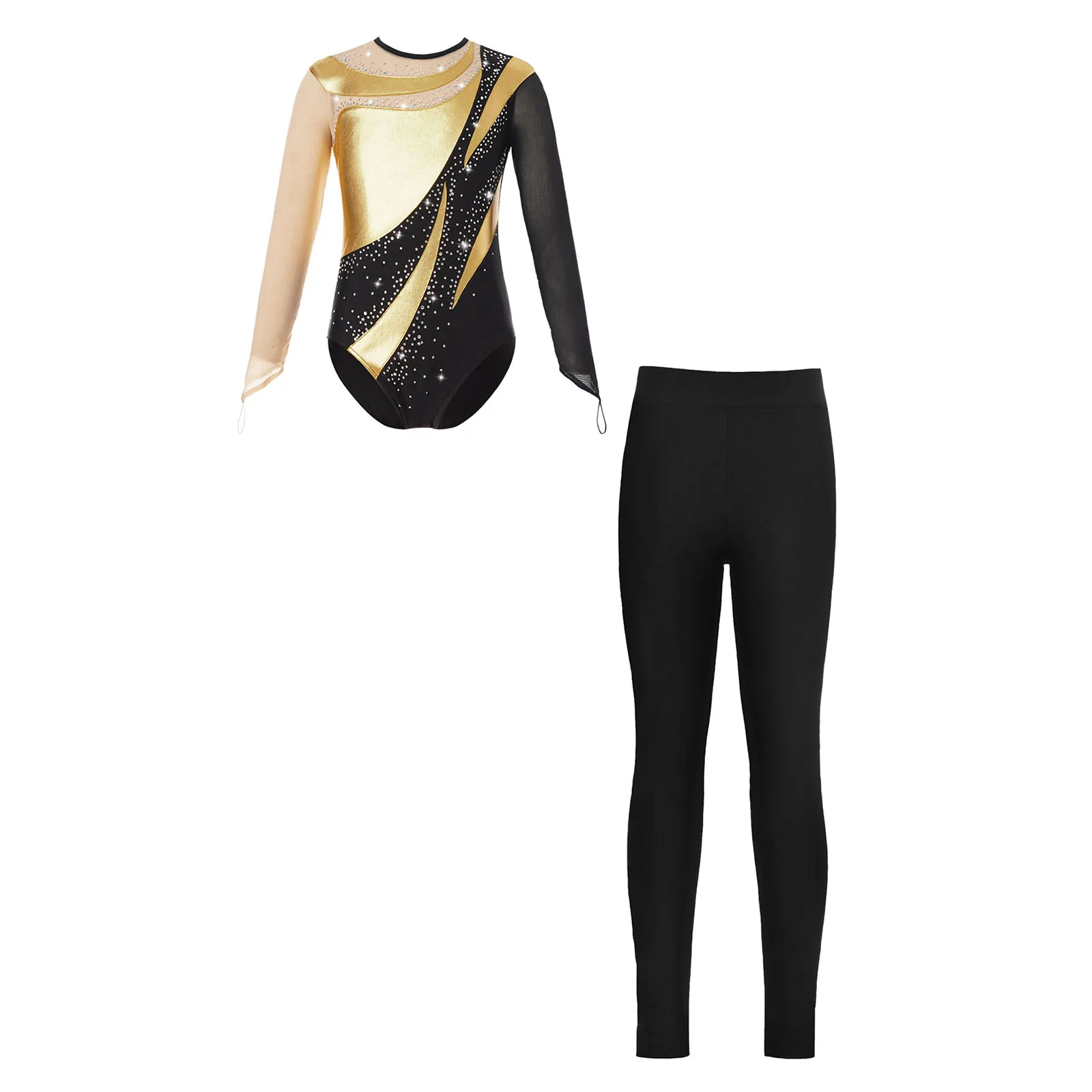 Mono de gimnasia con Leggings para niñas, leotardos de baile de Ballet, conjuntos de ropa de baile, mono de patinaje de manga larga con diamantes de imitación para niños