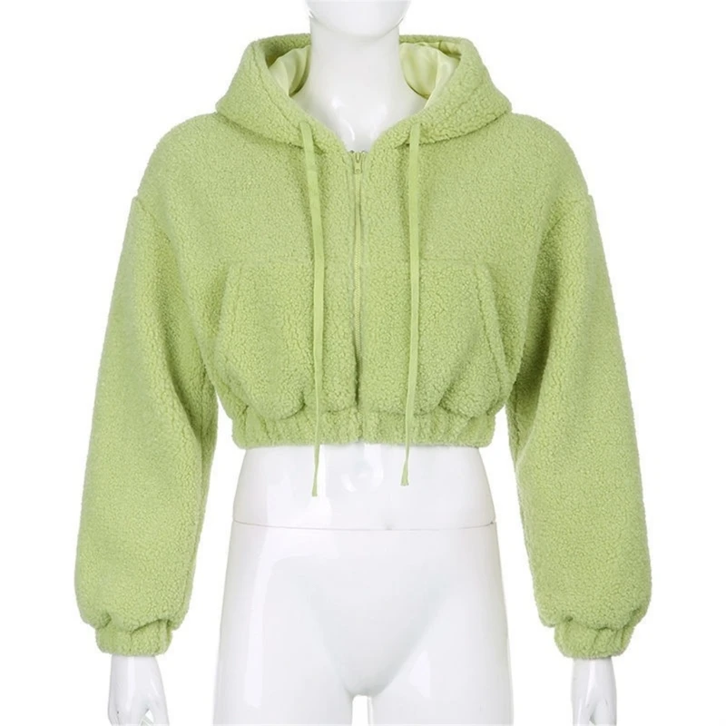 Women Long Sleeve Cropped Hoodies Autumn Winter Fuzzy Zip Up Hooded Sweatshirt Lady Girls Casual Solid Color Outfits Jacket