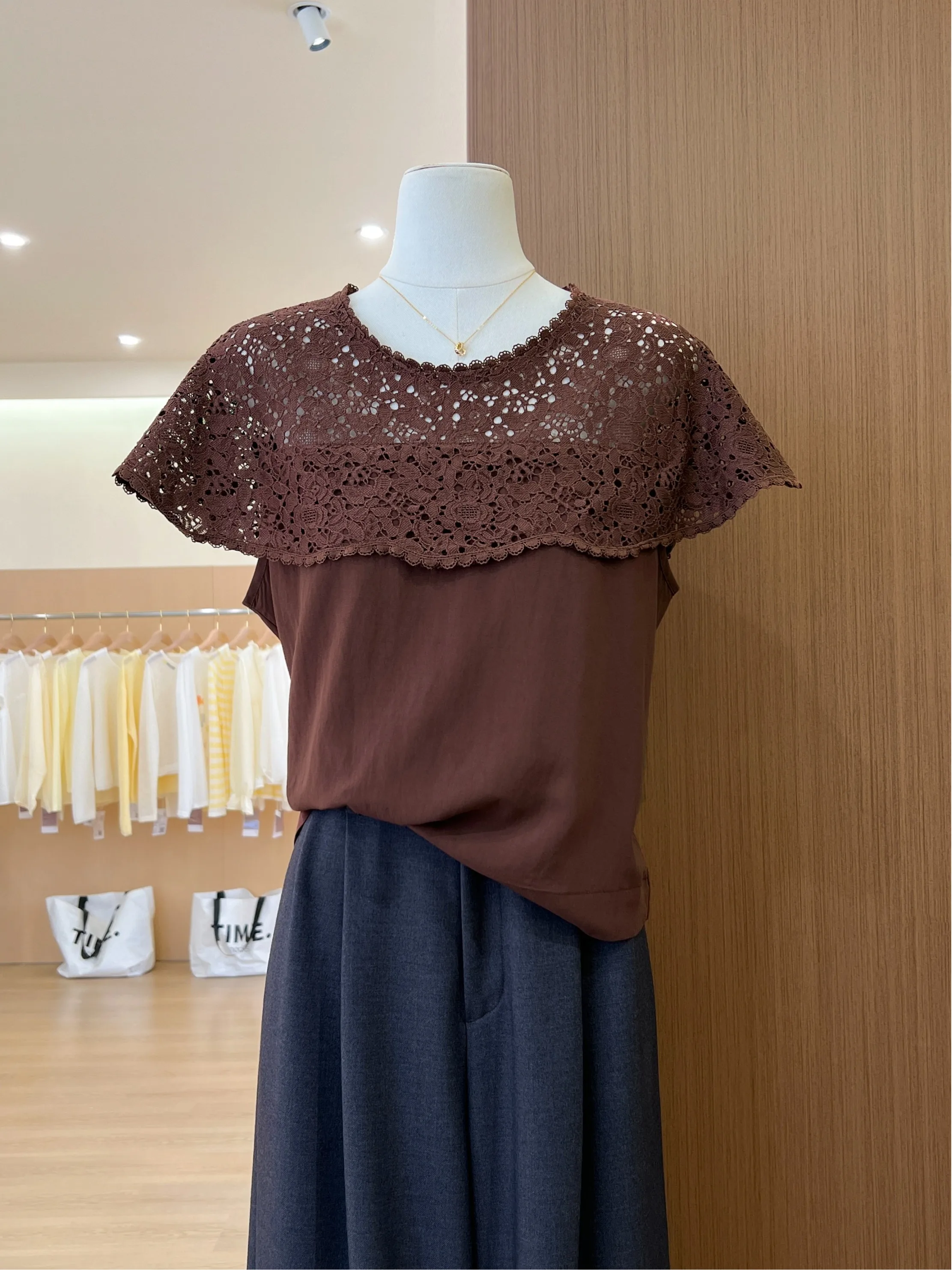 Yellow Lace Hollow out Splice Cape Sleeveless T-Shirt Women's Summer Unique Beautiful Slimming Top Korean Style Standard Fit
