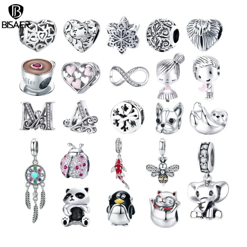 BISAER Alloy Dangle Beads Cup Bulldog Boy Girl Pendants Penguin Letter Charms Beads Fit Women Original Bracelets DIY Jewelry