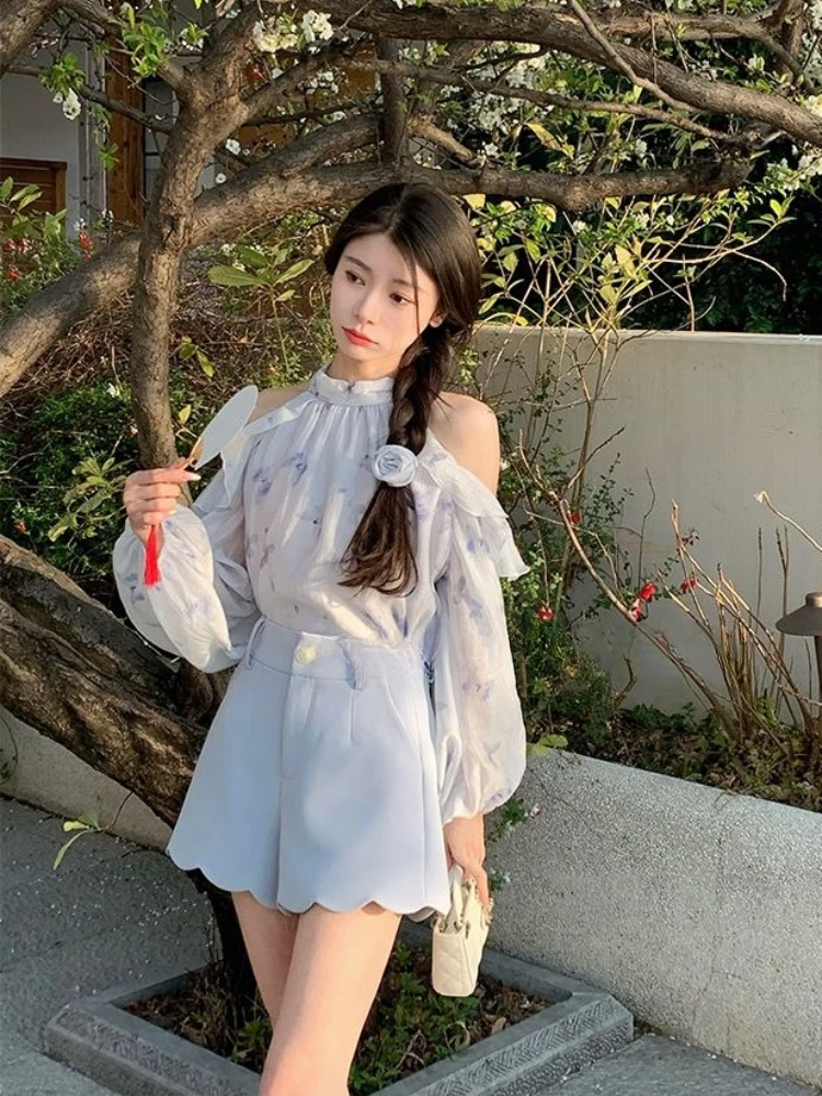 Women's 2026 Summer French 3D Flower Chiffon Long Sleeve Blouse Off Shoulder Ruffle Halter UV Protection Loose Elegant Chic Top 6