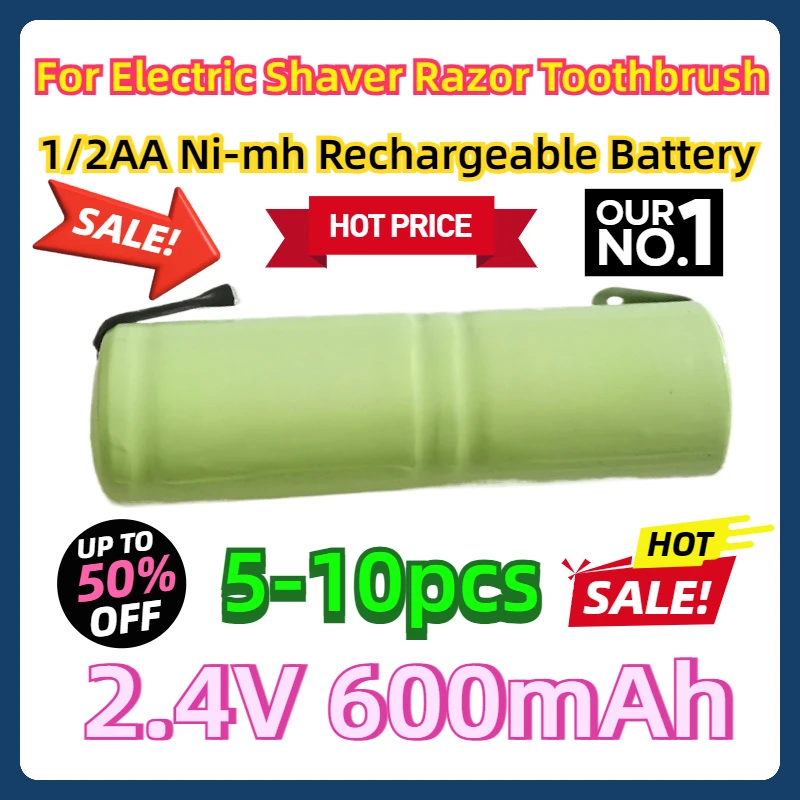 

5-10pcs For Electric Shaver Razor Toothbrush 2.4V 1/2AA Ni-mh Rechargeable Battery 600mAh 1/2 AA Nimh Cell with Welding Tabs