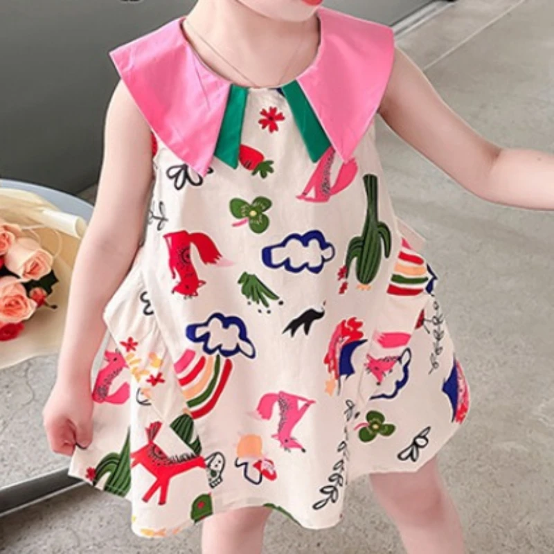 

Summer Doll Double Neck Cartoon Printed Dress Cotton Sleeveless Skirt Girl Travel Party Clothes Children's Birthday Gift