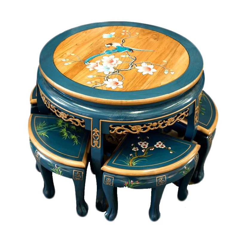 

Solid wood round dining table, Chinese round table, small apartment balcony, living room household elm round antique dining