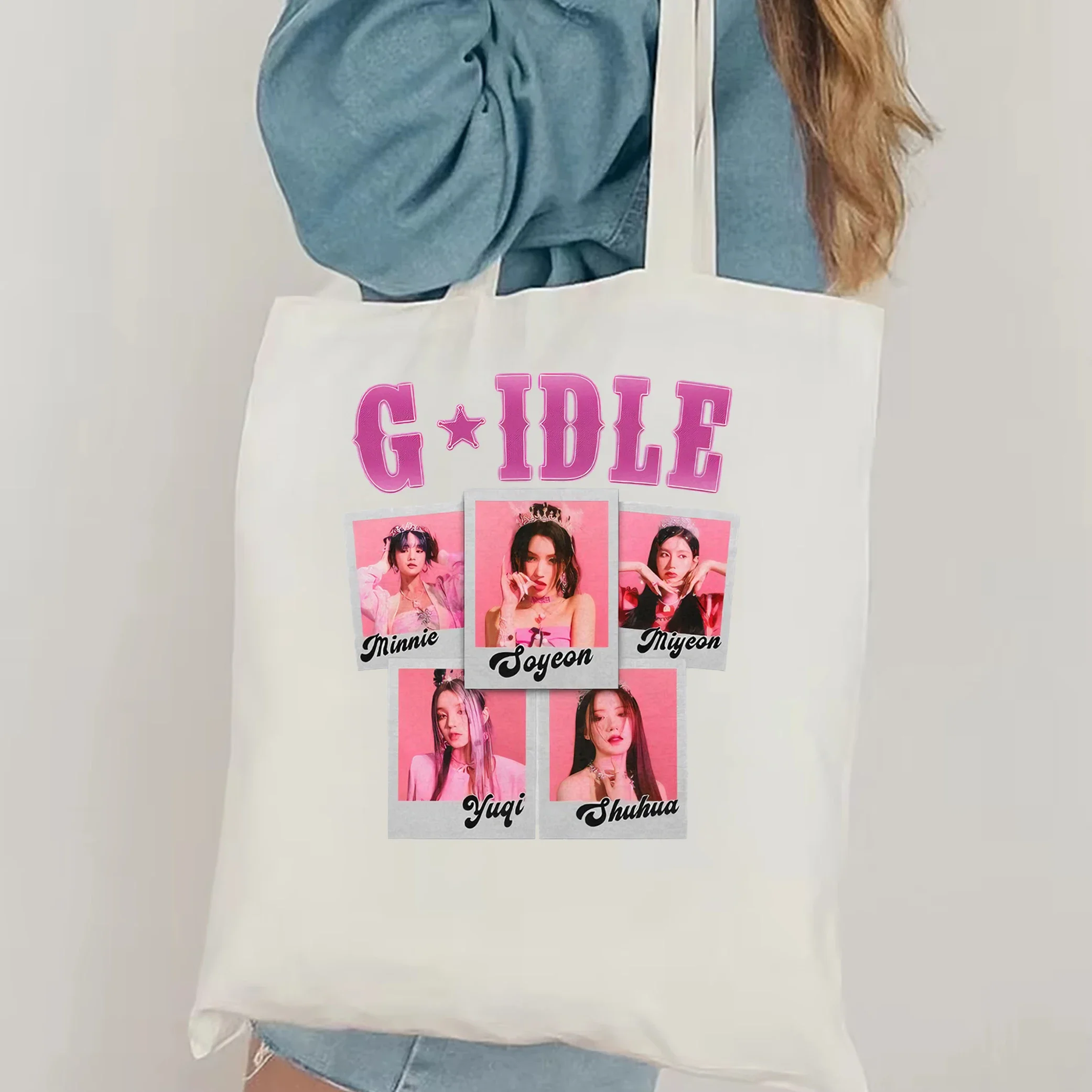 Gidle Collage Harajuku stampato tote bag Gidle Kpop tote bag Gidle Fan Merch popolare coreano gruppo Y2K borsa a tracolla in tela