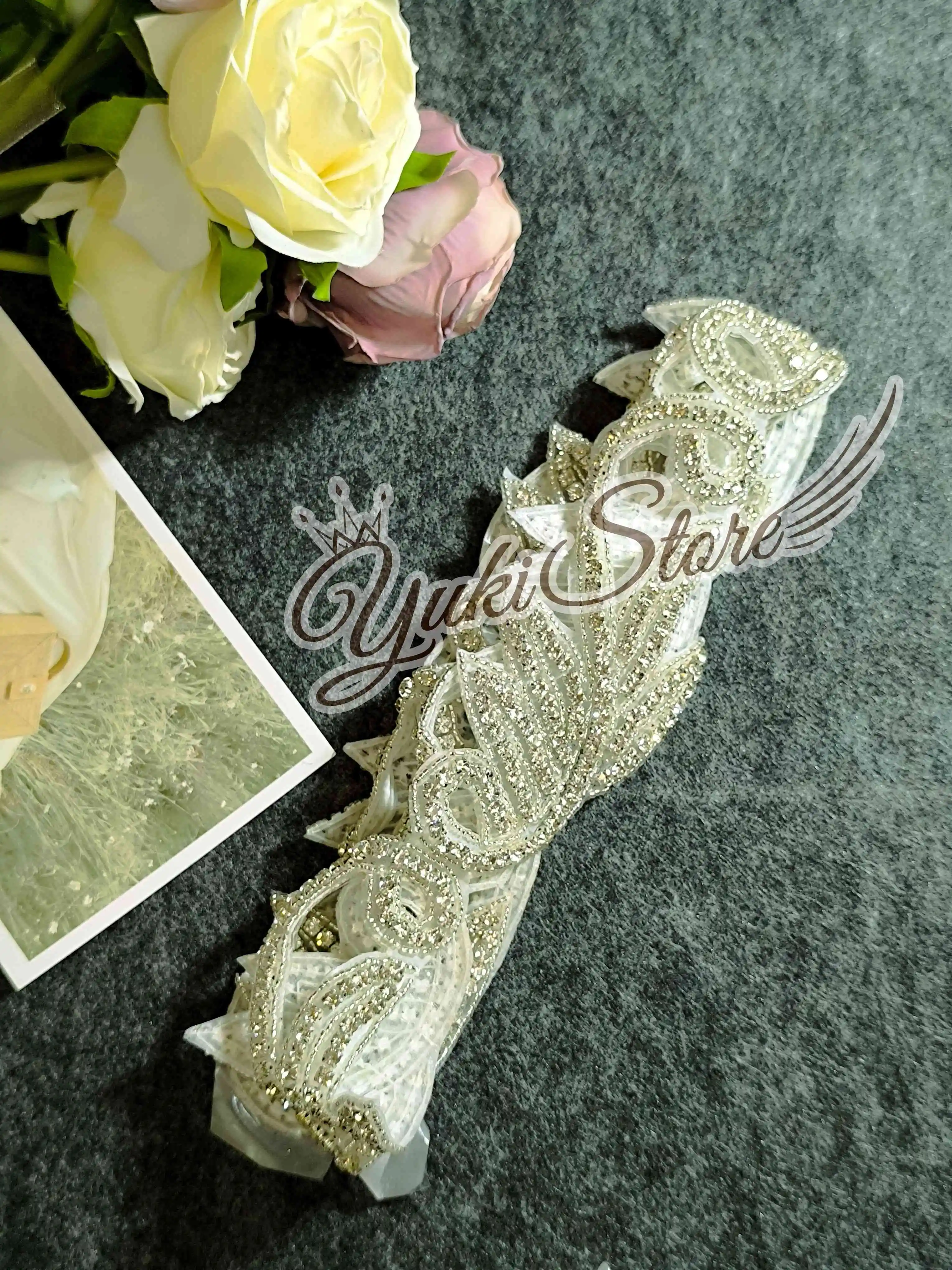 Long Silver Small appliques Heavy bead 3d flower lace applique floral pearls embroidery bridal lace patch YK017