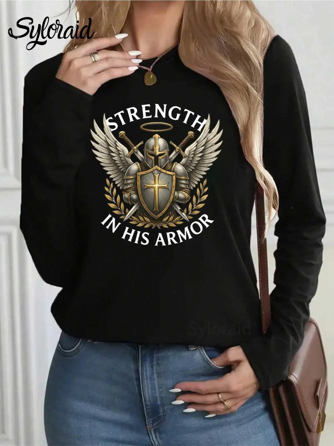 تي شيرت نسائي بأكمام طويلة تي شيرت محارب الله جرافيك تي شيرت يسوع المسيحي قميص عصري برقبة دائرية كاجوال #2
