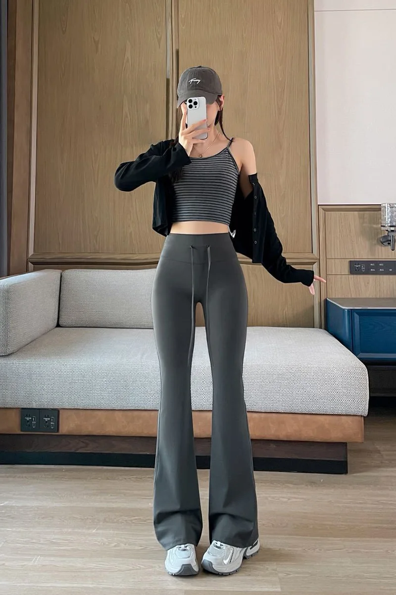 BIVIGAOS Autumn New Drawstring High Waist Micro Flared Leggings Women Slim Fit Elastic Fashionable Casual Sports Flared Pants