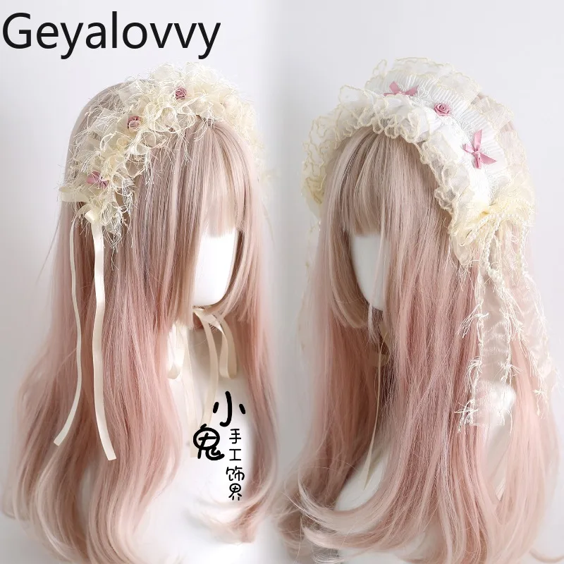 

Lolita Cream Yellow Japanese Handmade Hairband Necklace Sweet Cute Girls Versatile Bow Lace Hair Accessories Headband