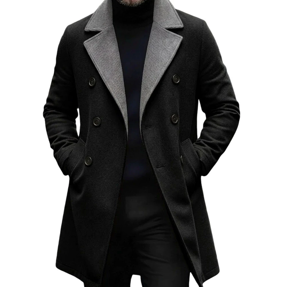 Men Contrast Notched Lapel Woolen Overcoat Double Breasted Mid‑Length Coat Vintage Business Gentleman Winter Outer Jacket