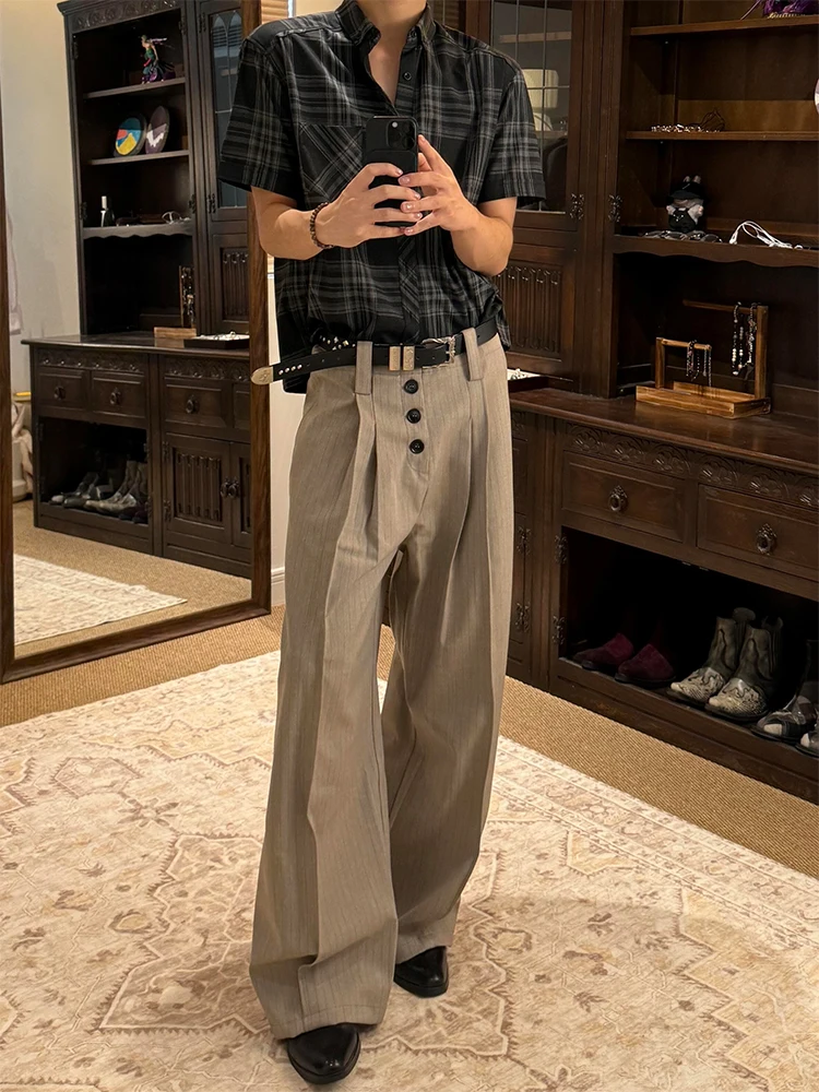 

Мужские широкие брюки-клеш цвета хаки в полоску на пуговицах, классические повседневные летние модные молодежные брюки в стиле Cool Wind, однотонные