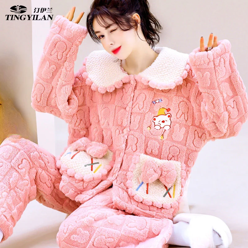 

2024 New Coral Velvet Pajamas Women Autumn Winter Thick Set Long Sleeve Home Clothing Comfort Warm Loose Large Size Foreign