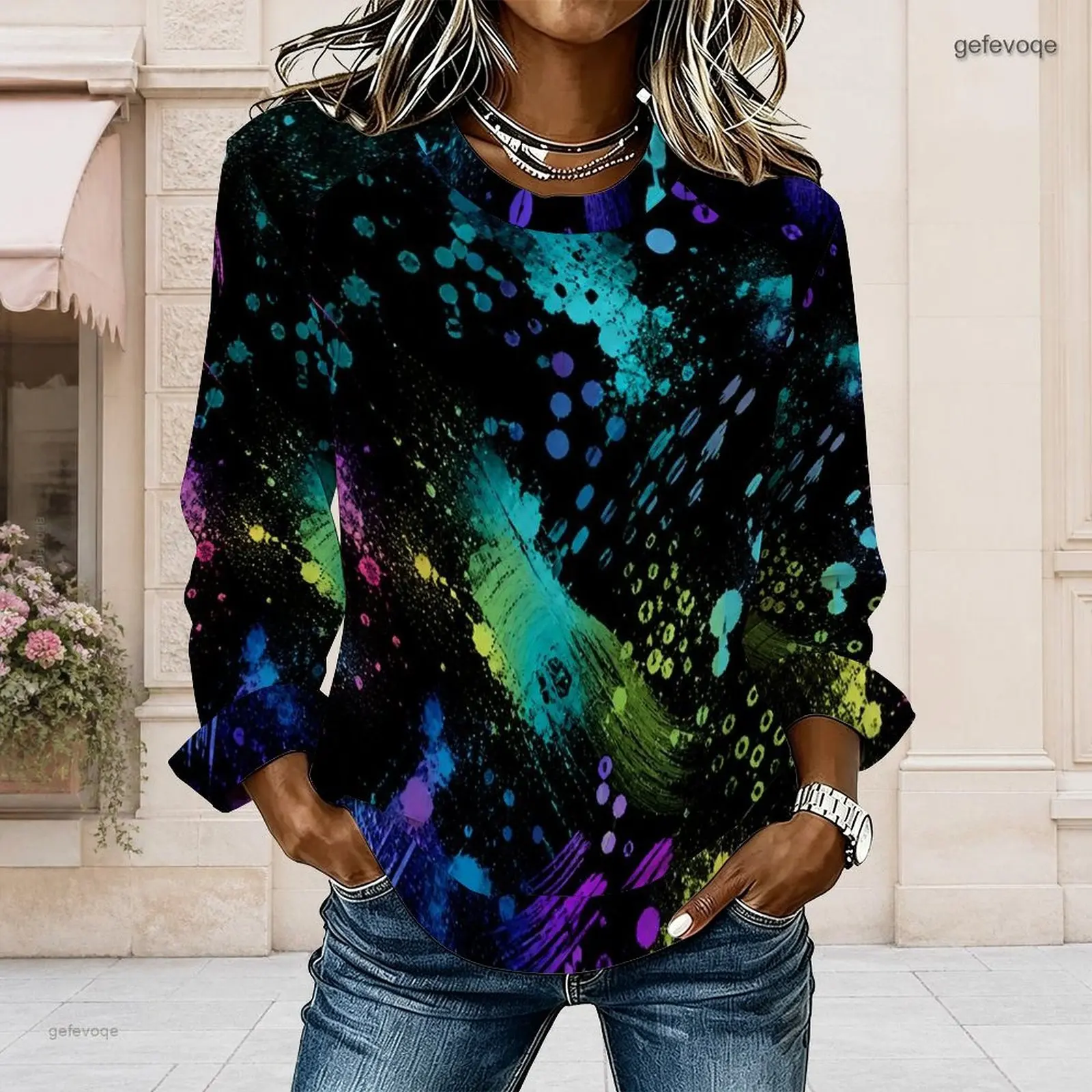 Women Round Neck Long Sleeve Printed Top, Cream Base Green Teal Gold Botanical Abstract Curved Hem Top