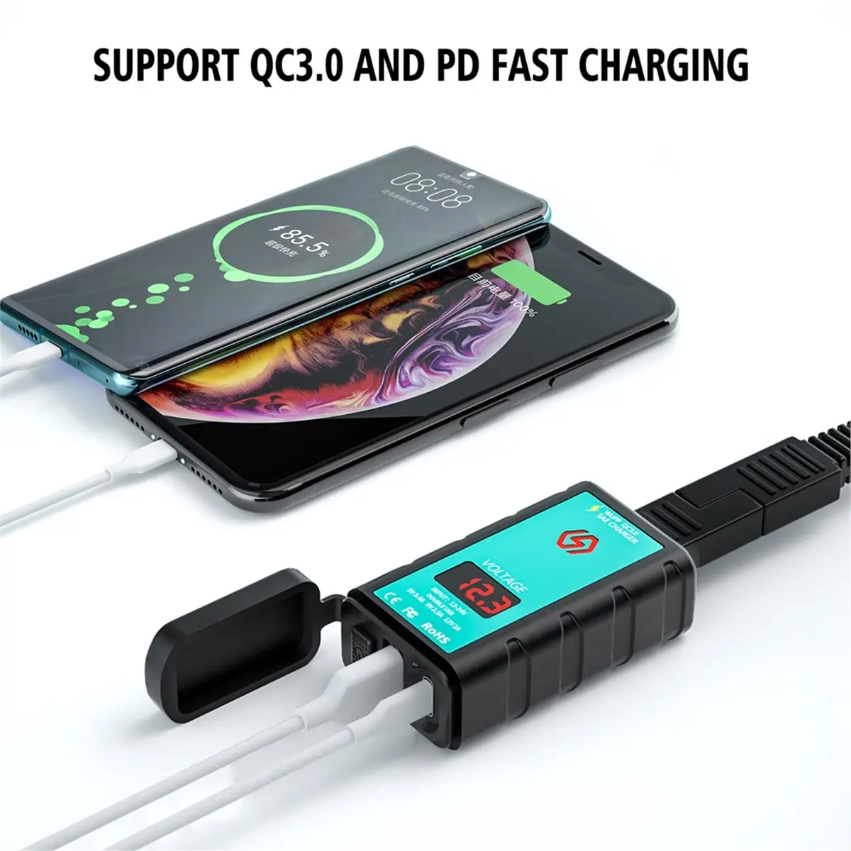 A46U Square Fast Charging Single USB Type-C Charger with Voltmeter Integrated SAE Socket for 12V Car Motorcycle ATV RV Boat