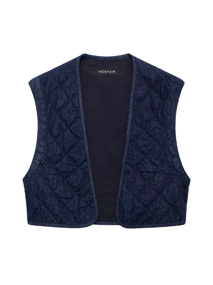 Zevity Women Vintage Open Stitching Denim Quilted Cotton Vest Jacket Ladies Retro Leisure Slim Short WaistCoat Crop Tops CT7313