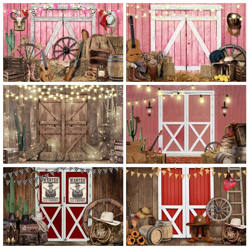 

Pink Red Barn Wood Door Photography Backdrop Vintage Western Farmhouse Baby Shower Birthday Party Decor Background Photo Studio