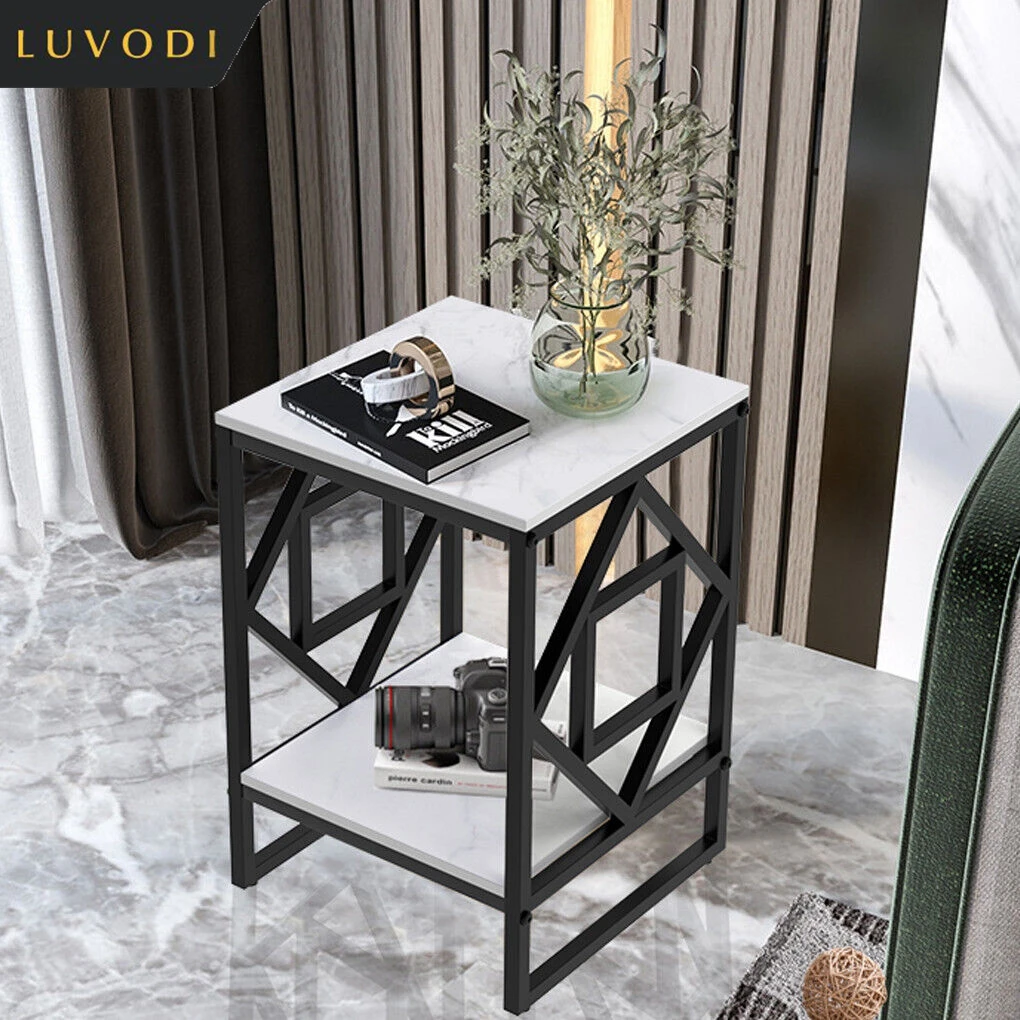 LUVODI Modern 2-Tier Storage Coffee Side Table with Sintered Stone Tabletop Metal Frame Square Living Room Sofa End Tables