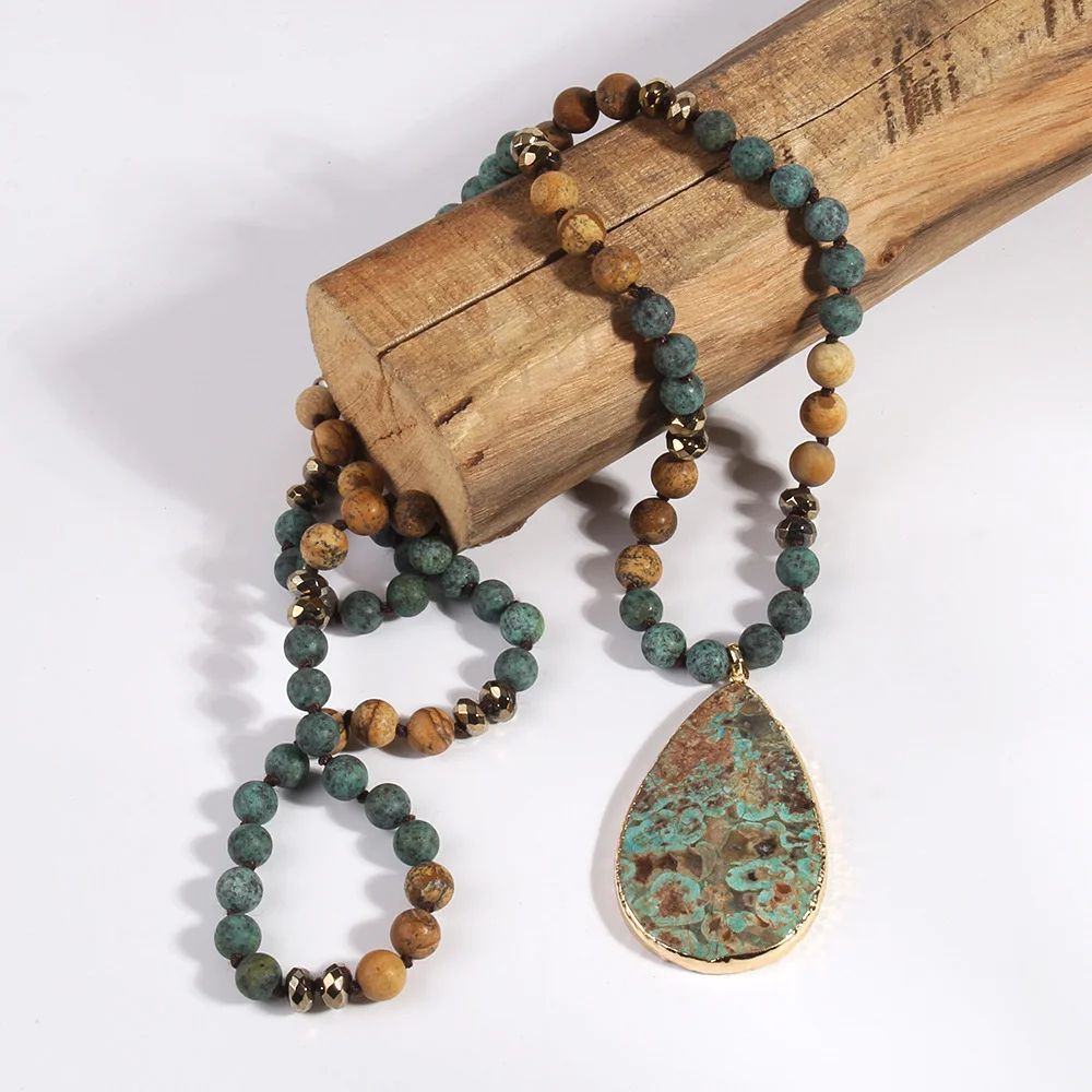 Fashion Ethnic Style Natural African Turquoise Stone Crystal Glass Necklace Faced Drop Pendant Women Necklace Sweater Chain