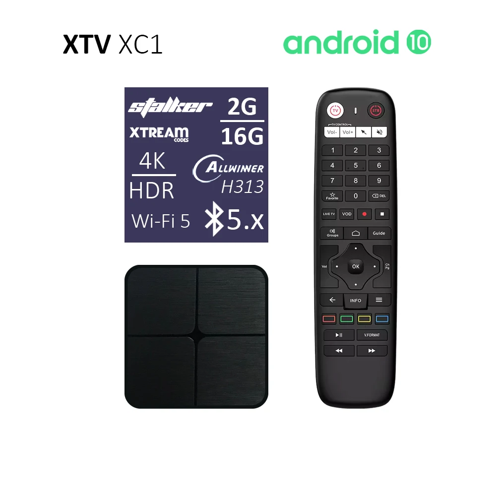 XTV XC1 Android 10 Stalker IP-потоковое ТВ-приставка поддерживает Xtream 4K HEVC H.265 BT5 WiFi5 2G 16G OTT-декодер XTV XC1 Android 10 Stalker IP-потоковое ТВ-приставка поддерживает Xtream 4K HEVC H.265 BT5 WiFi5 2G 16G OTT-декодер