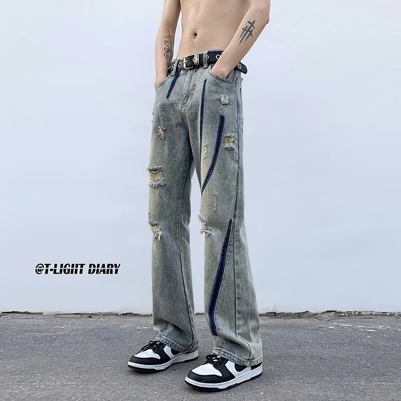 

Vintage High Street Male Striped Ripped Denim Jeans Men's Fashion Ins Style Loose Casual Flare Pants Youth Hole Design M-5XL