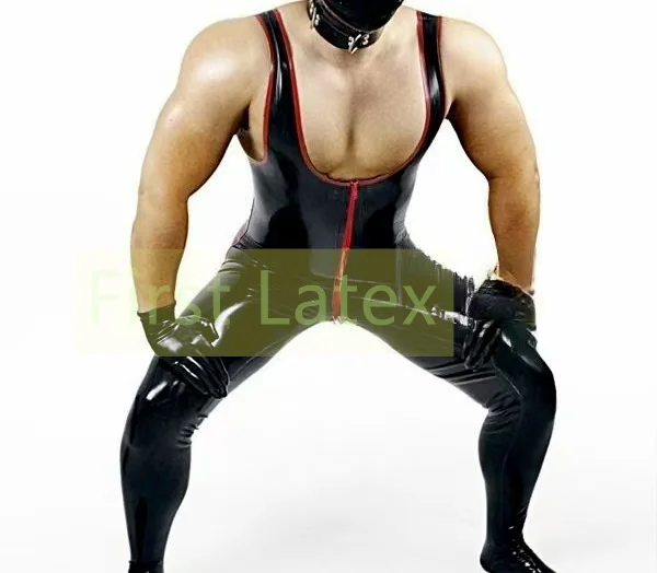 

Handmade Man's Latex Tank Catsuit With Red Trims Gummi Rubber Jumsuit Latex Men's Bodysuit Front To Crotch Zip Halloween Wear
