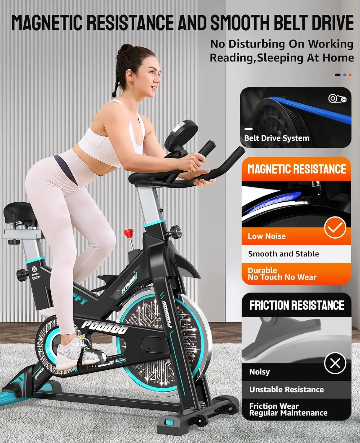 Exercise Bike, Adjustable Magnetic/Brake Pad Resistance Silent Belt Drive, Indoor Cycling Bike for Home Cardio, Fitness S