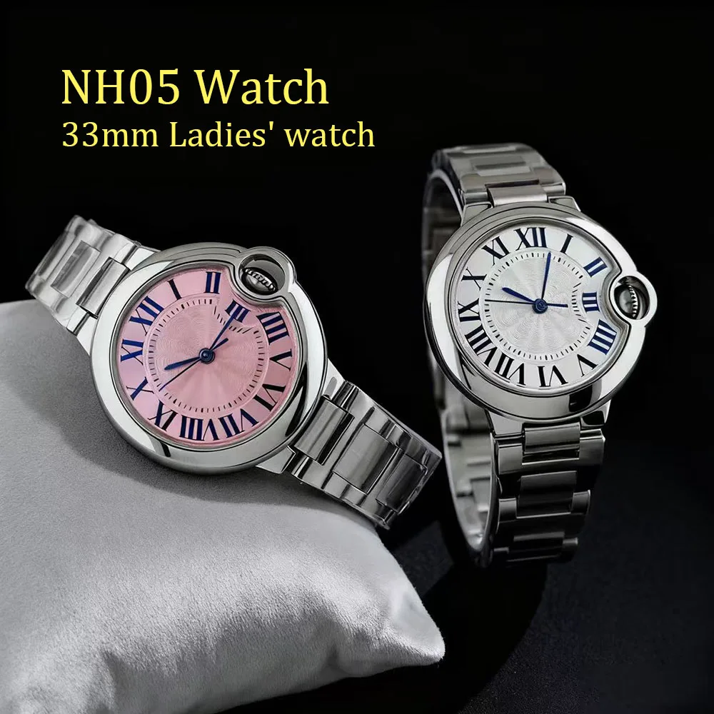 

Женские часы 33 мм с выпуклым изогнутым римским циферблатом, индивидуальный логотип, подходят для синего воздушного шара NH05, аксессуары с автоматическим механизмом