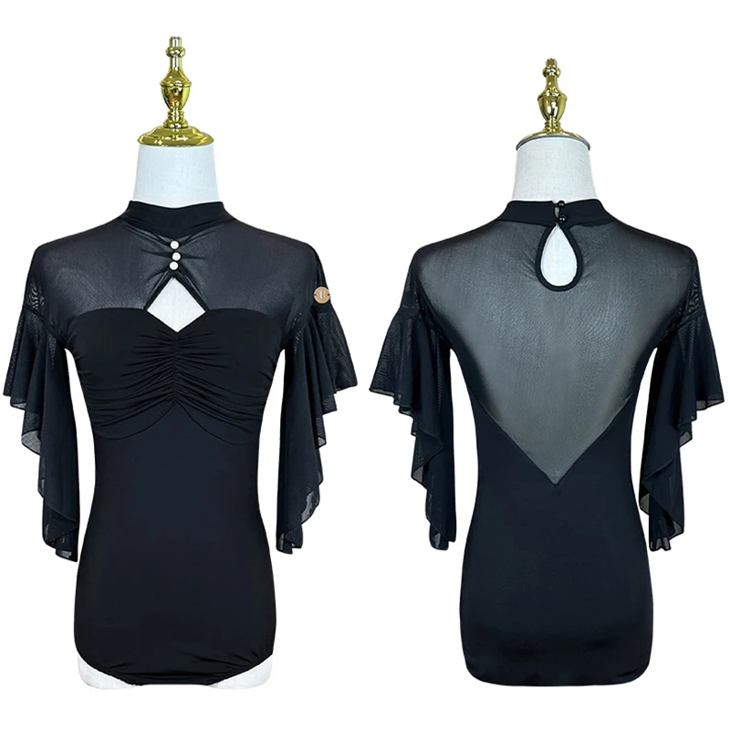 2025 neue Ballroom Dance Top Frauen Moderne Tanzen Kostüm Schwarz Mesh Body Erwachsene Walzer Ballroom Dance Training Kleidung AMY 2623