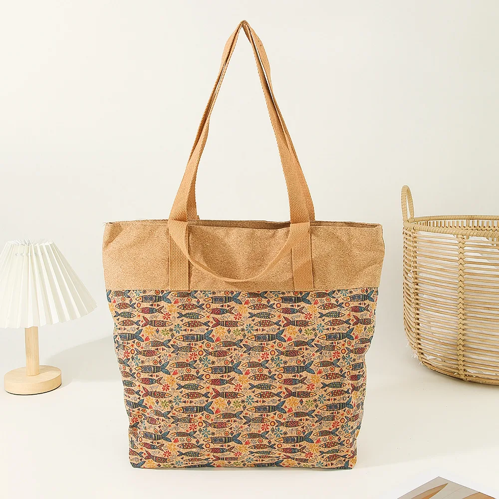 

3pcs Shoulder Bags Women Cork Leather Fish Geometry Printing Large Capacity Totes Mix Color
