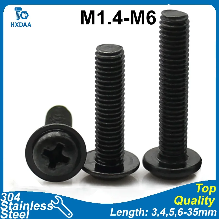 10-80pcs Black Carbon Steel Phillips Recessed Cross Pan Head Machine Screws with Washer SEMS Screw M1.4 M2 M2.5 M3 M3.5 M4 M5 M6