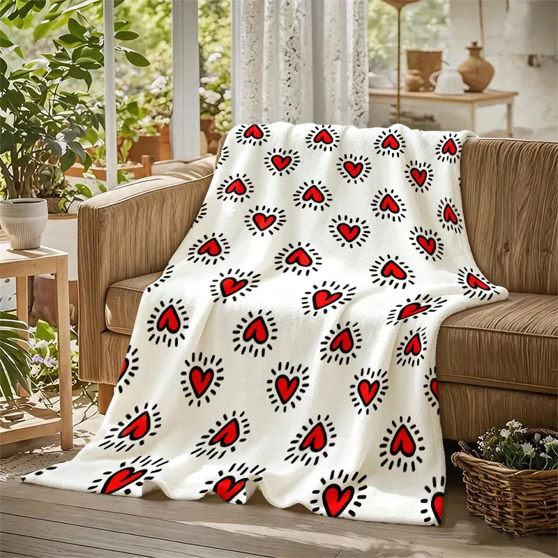 Red Doodle Hearts Flannel Blanket Warm Soft Halloween Christmas Decorative Couch Warm Cozy All-Season Gift