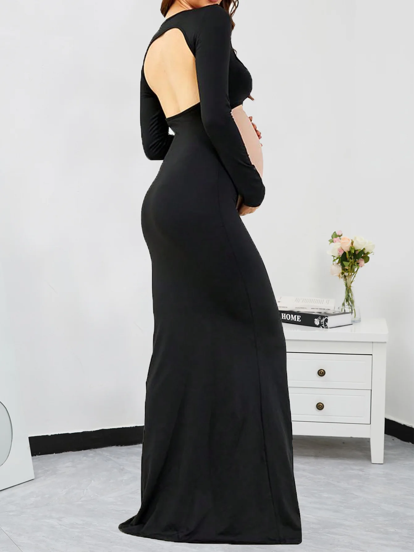 2025 우아한 임부복 사진 촬영 드레스 신축성 있는 피쉬테일 이브닝 가운 오픈 백 배꼽 노출 플로어 길이 드레스 임신부용