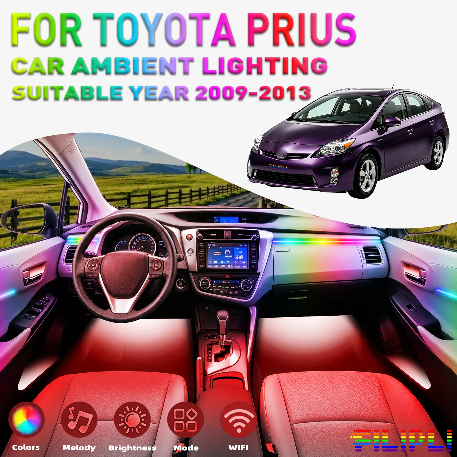 For TOYOTA Prius 2009-2013 CAR AMBIENT LIGHTING colorful 6 Lights Kit 256 Colors Iridescent 6 in 1 LED Interior Hidden Acrylic Strip Symphony Atmosphere Lamp Neon Acrylic Light Strip Lighting and Decorative Lamps Long Standby Car Decorative Light