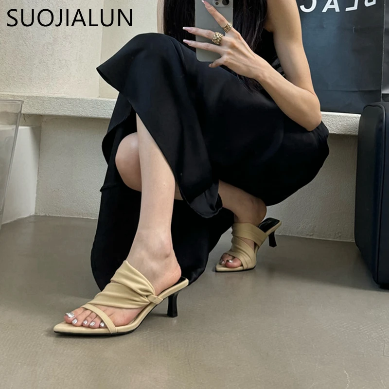 SUOJIALUN Summer New Brand Women Slipper Fashion Narrow Band Ladies Elegant Dress Slides Thin High Heel Outdoor Dress Pumps