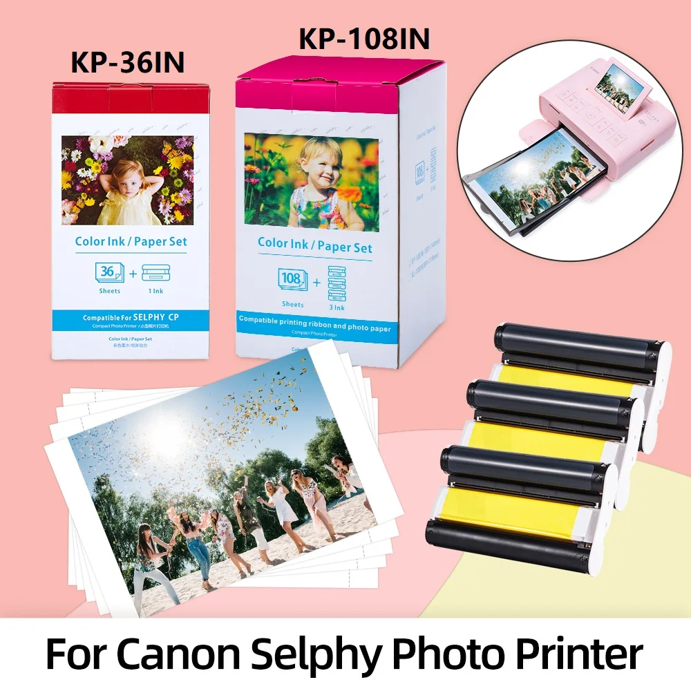 3 Color Ink 108 Sheets Photo Paper 100 x 148mm Compatible for Canon Selphy KP-108IN for CP Series Printers CP1300 CP1200 CP780