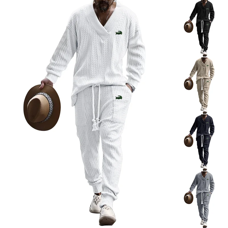 

2024 Spring And Autumn New Men's Set Europe And The United States Style Heavy Quality Jacquard V-neck Shirt Trousers Two Set