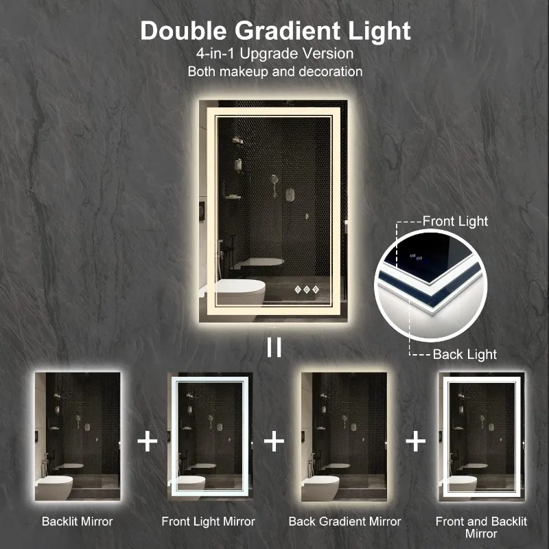 LED Mirror for Bathroom, 24x36 Inch Gradient Front and Backlight LED Bathroom Mirror, 3 Colors Dimmable CRI 90 Double Lights,