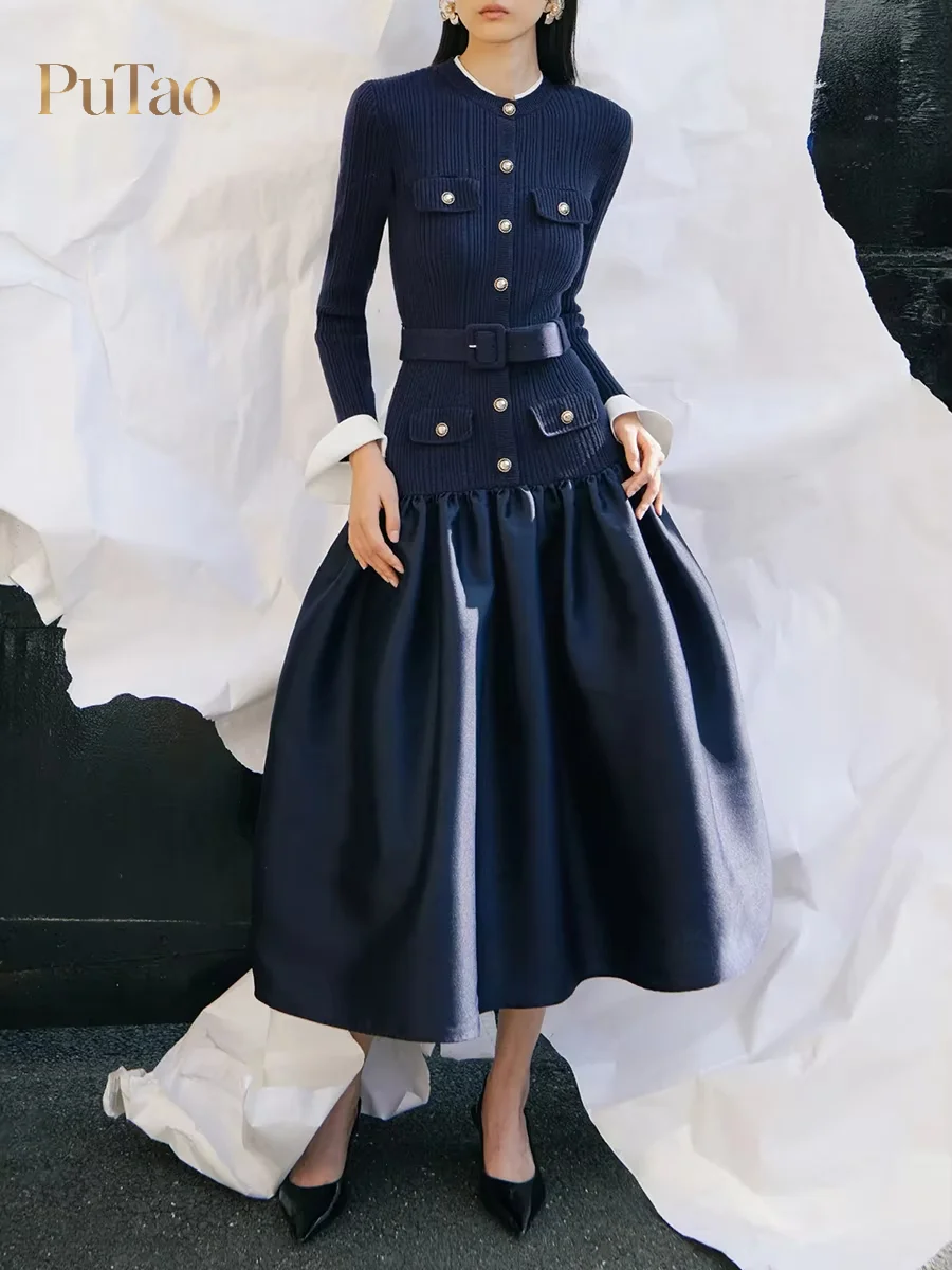 Putao Elegant Ribbed Knit Satin Patchwork Midi Dress Women Long Sleeve Single Breasted Belted Waist Flare A Line Party Dress