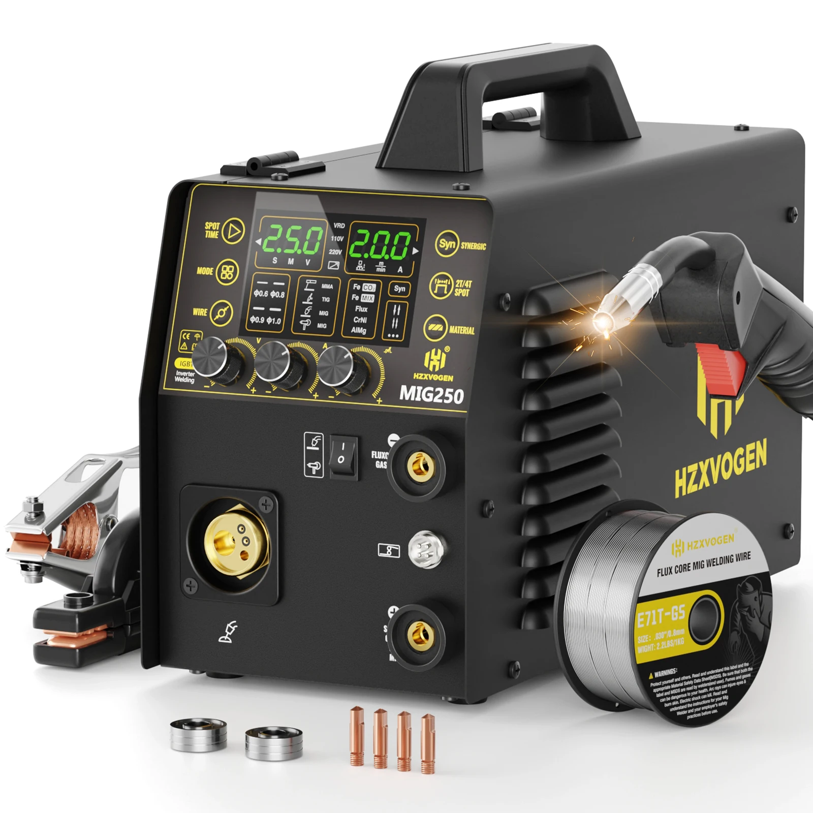 Saldatrice MIG HZXVOGEN in alluminio con controllo sinergico 220V MIG250 6 in 1 ARC/MMA/Stick Spool Gun/Gas/Gasless MIG Lift TIG con grande schermo LED, inverter IGBT, saldatura a punti per filo a