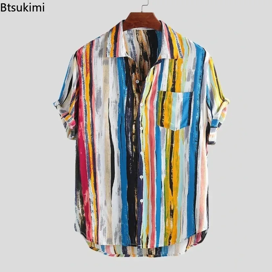 

Мужские летние хлопковые рубашки с коротким рукавом в уличном стиле, мужские повседневные праздничные топы, трендовые свободные пляжные рубашки в полоску с принтом, мужские блузки