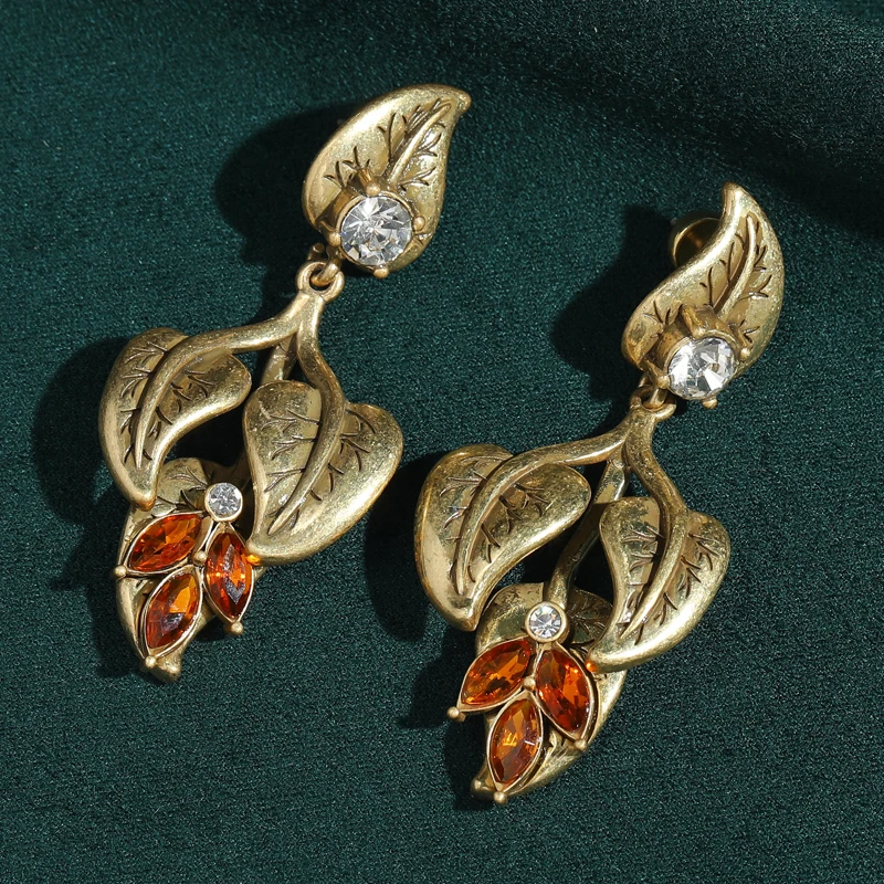 

Vintage Crystal Orange Drop Earrings Dangle Gold Color Ginkgo Leaf Jewelry Luxury Party Accessories For Women Quality Gift Trend
