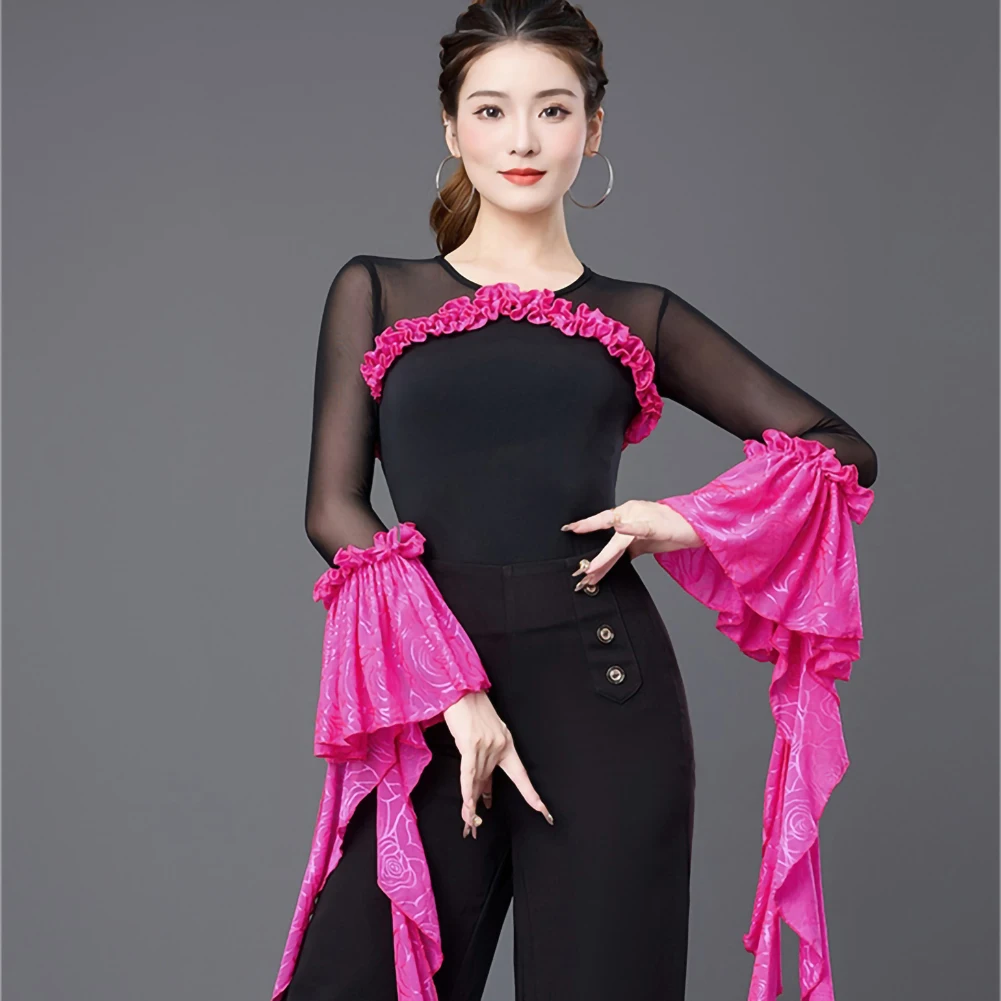 

Modern Dance Rose Red Women's Top Waltz Green Crewneck Ballroom Dance Practice Dress Top Lotus Sleeve Ribbon Jumpsuit