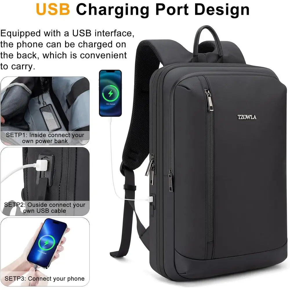Mochila Expandible para Portátil Tzowla Busin, para Hombre, Profesional, Delgada, Impermeable, para Viajes/Trabajo/Oficina/Universidad, con USB/Tipo C