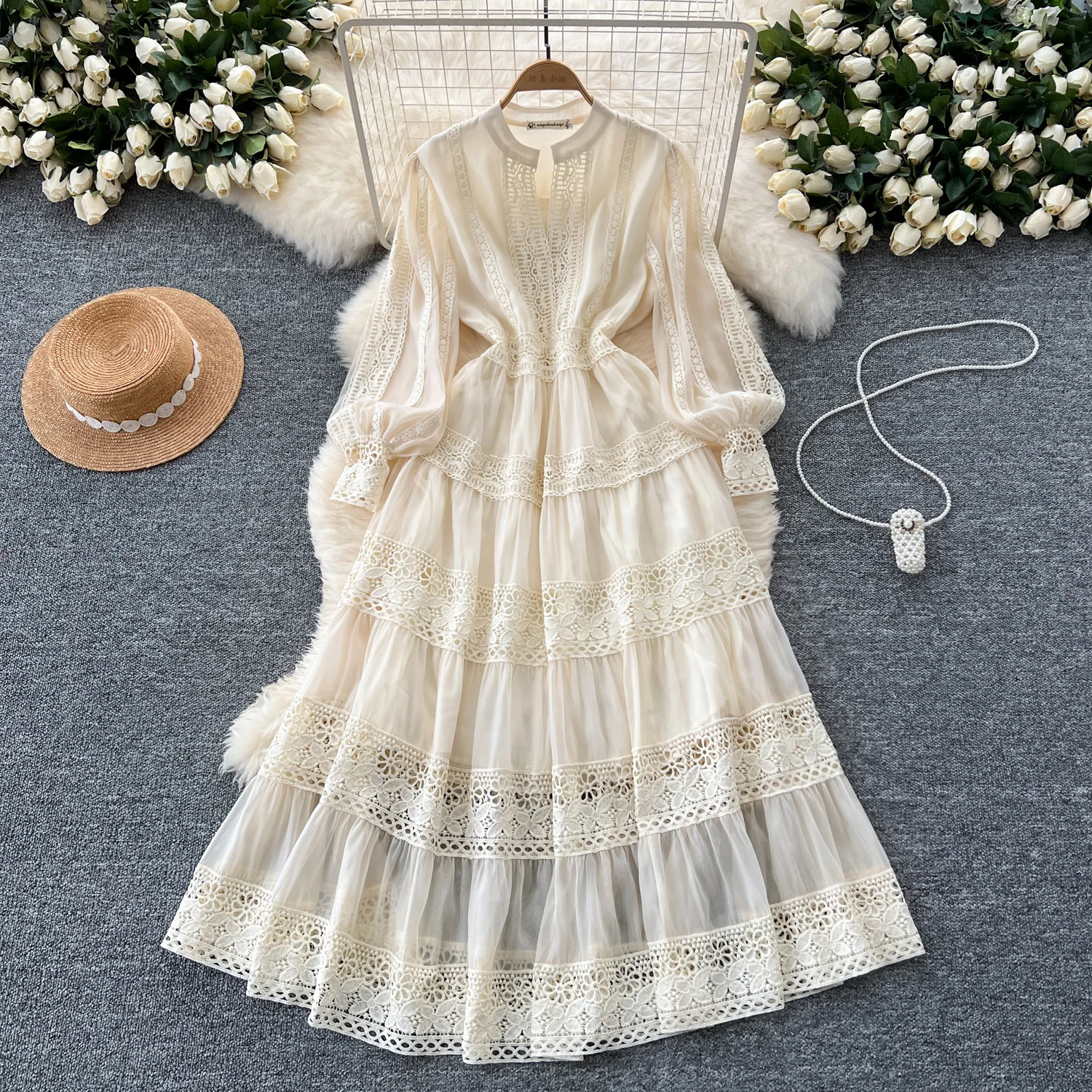 

2025 Women Dress Elegant Fashion Printed V-neck Dress Women's New Style Stretch Pleated Waist Slimming Ruffled Long Dress