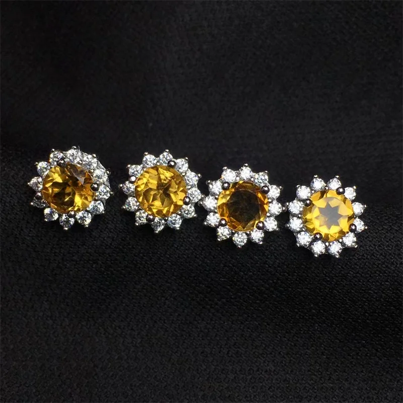 S925 Natural Citrine Sunflower Ear Stud Earrings Sterling Silver Stud Earrings for Women Fine Gemstone Daily Jewelry 6MM