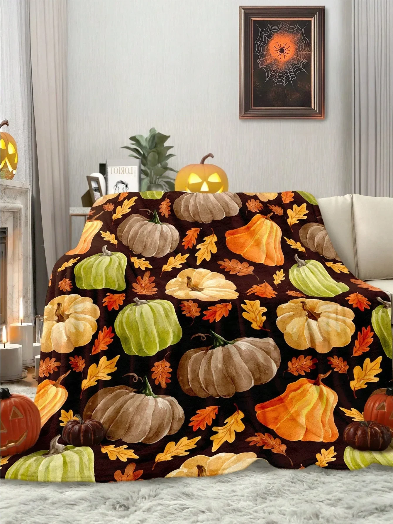 Cozy Cartoon Pumpkin Throw Blanket for Living Room Bedroom Halloween Thanksgiving Decor